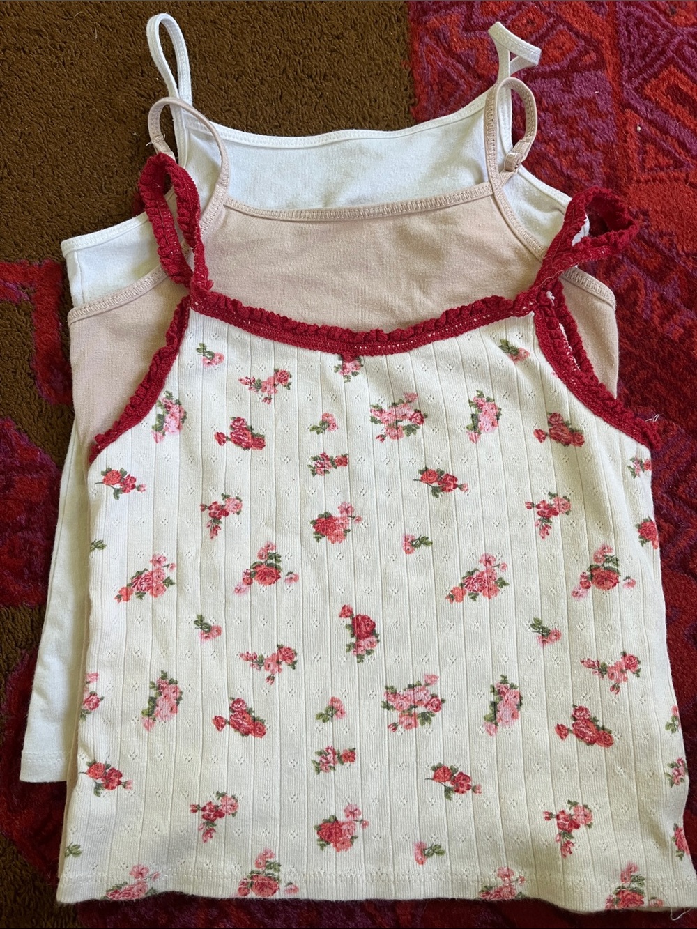 Girls Floral & Solid Cami Tank Tops - Beige White, Floral